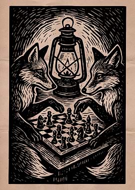 Foxes Playing Chess by Lantern Light