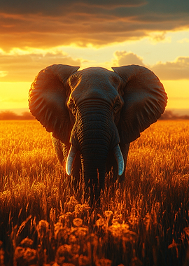 Elephant in Golden Field at Sunset