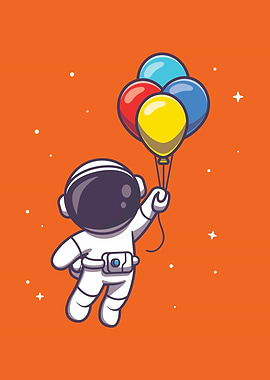 Astronaut Floating with Balloons Cartoon Illustration