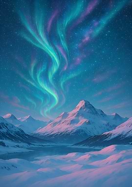 Aurora Borealis over Snowy Mountains