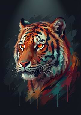 Colorful Tiger Portrait with Dripping Paint