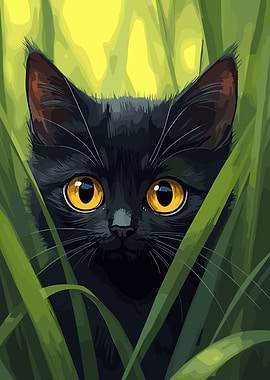 Black Cat in Green Grass