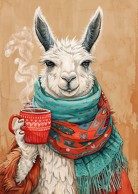 Llama with Scarf and Coffee