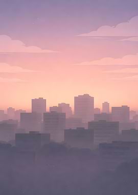 Misty Cityscape at Sunset