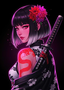 Anime Girl with Katana and Dragon Tattoo