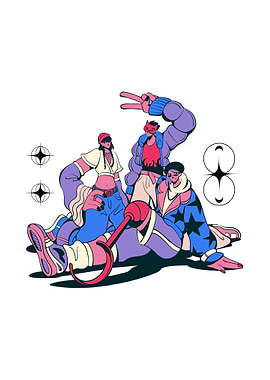 Three stylized figures on white background