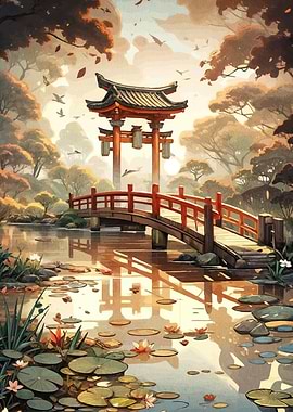 Japanese Garden with Torii Gate and Bridge