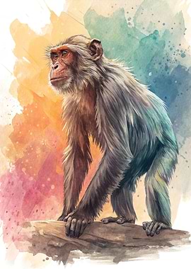 Watercolor Monkey Portrait on Branch