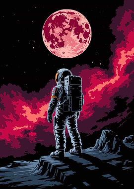 Astronaut on a moon with red sky