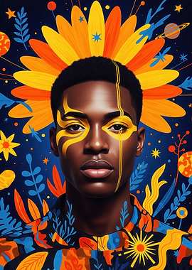 Portrait with Floral and Cosmic Elements