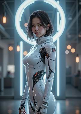 Asian Woman in Futuristic White Robot Suit