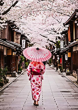 Kimono and Cherry Blossoms in Japan