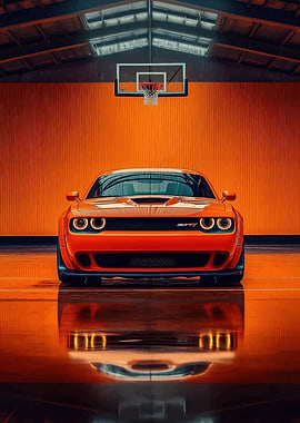 Orange Dodge Challenger SRT in Gym