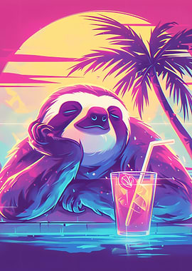 Relaxing Sloth with Drink by Pool