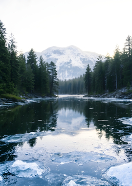 Icy Lake Surrounded by Forest
