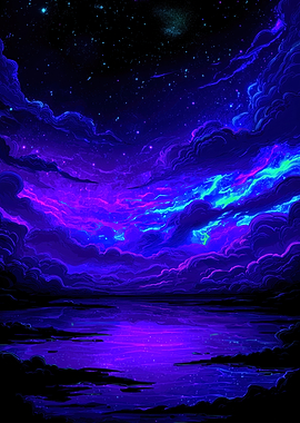 Neon Night Sky Over Water