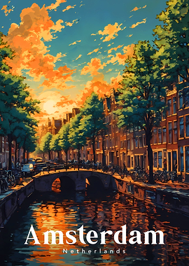 Vintage Amsterdam Canal Sunset - 90s Retro Anime Style