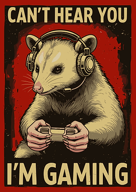 Can't Hear You I'm Gaming Poster, Opossum Gamer Art, Vintage Video Game Wall Print