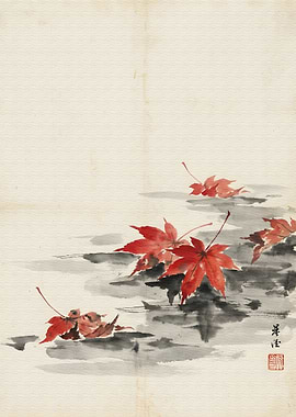Japanese Maple Leaves Ink Painting