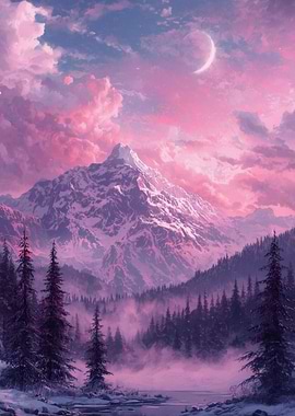 Pink Mountain Landscape with Crescent Moon