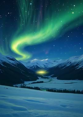 Aurora Borealis over Snowy Mountains