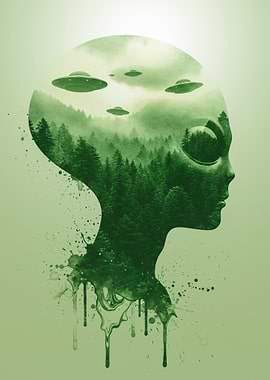 Alien Silhouette with Forest and UFOs