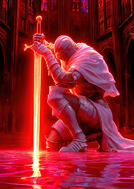Knight kneeling with glowing sword