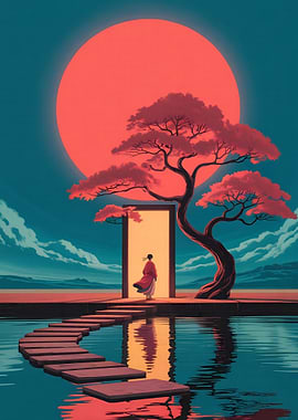 Japanese Garden with Figure and Doorway
