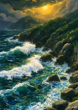 Coastal Landscape with Waves and Rocks