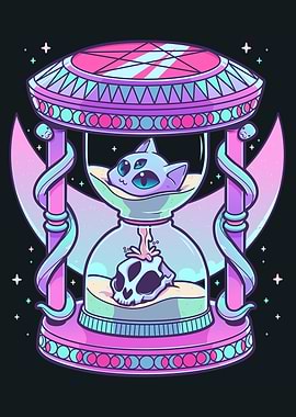 Pastel Goth Hourglass with Cat and Skull