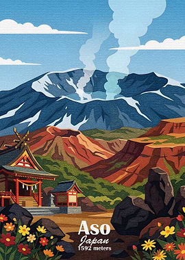 Mount Aso, Japan Landscape Illustration