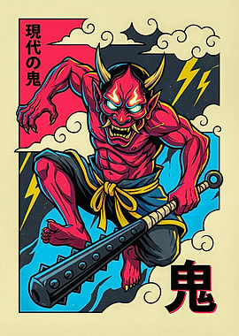 Japanese Oni Demon with Club Illustration