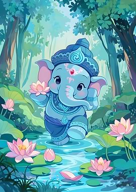 Cute Ganesha in Lotus Pond