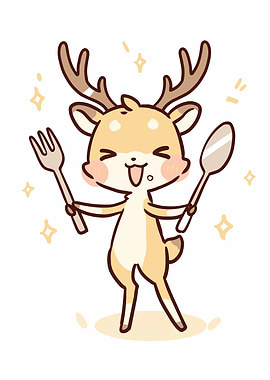 Cartoon Deer with Fork and Spoon