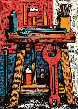 Woodcut Style Workbench with Tools