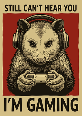 Still Can’t Hear You I’m Gaming Poster, Opossum Gamer Art, Vintage Video Game Wall Print