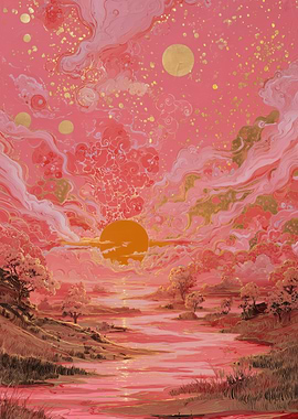 Pink Landscape with Golden Sun