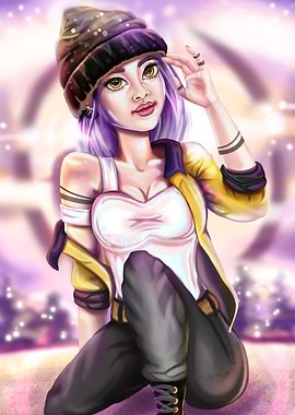 Rock Punk Girl with Beanie and Purple Hair