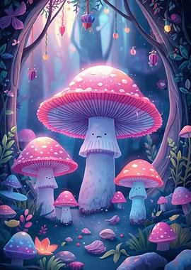 Enchanted Mushroom Forest with Cute Faces