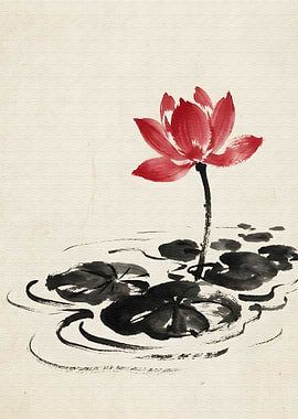 Red Lotus Flower Ink Painting