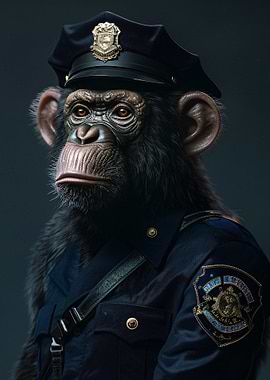Chimpanzee in Police Uniform Portrait