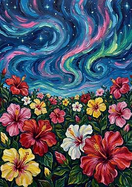 Hibiscus Flowers Under Aurora Painting