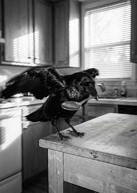 Raven with Spoon in Kitchen