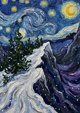 Starry Night Inspired Mountain Landscape Painting