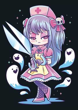 Pastel Goth Nurse with Scissors and Ghosts