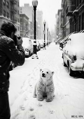 Polar Bear Cub in Snowy City Street
