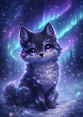Cute chibi Wolf Cub Under Aurora Borealis