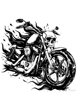 Skull Motorcycle Black and White Illustration