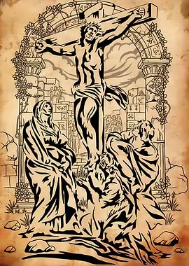 Crucifixion scene illustration on parchment