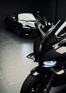 Black McLaren and Motorcycle in Garage